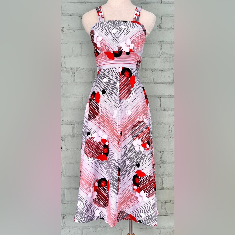 Floral Spaghetti Strap Dress - Midi Length Novelty Stripe Print